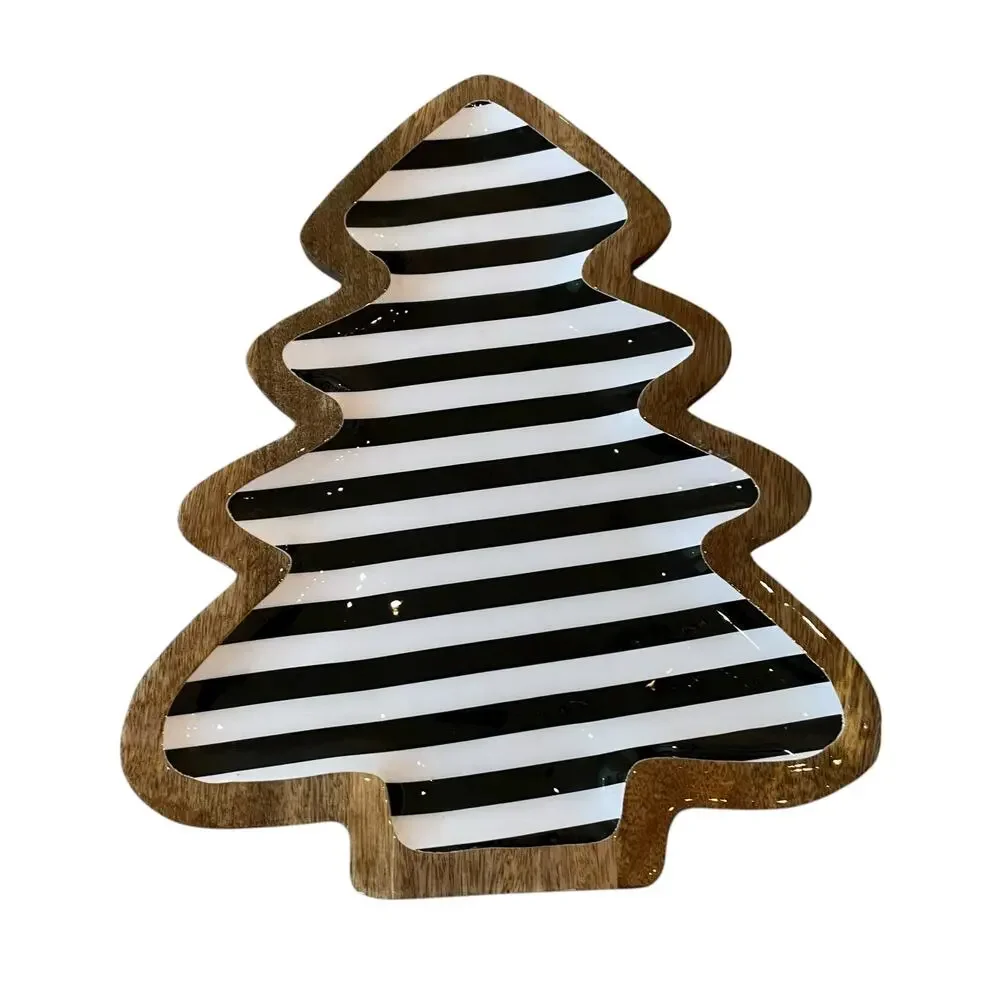 Wooden Christmas Tree Striped Platter 15in Black White Striped Made in India NEW